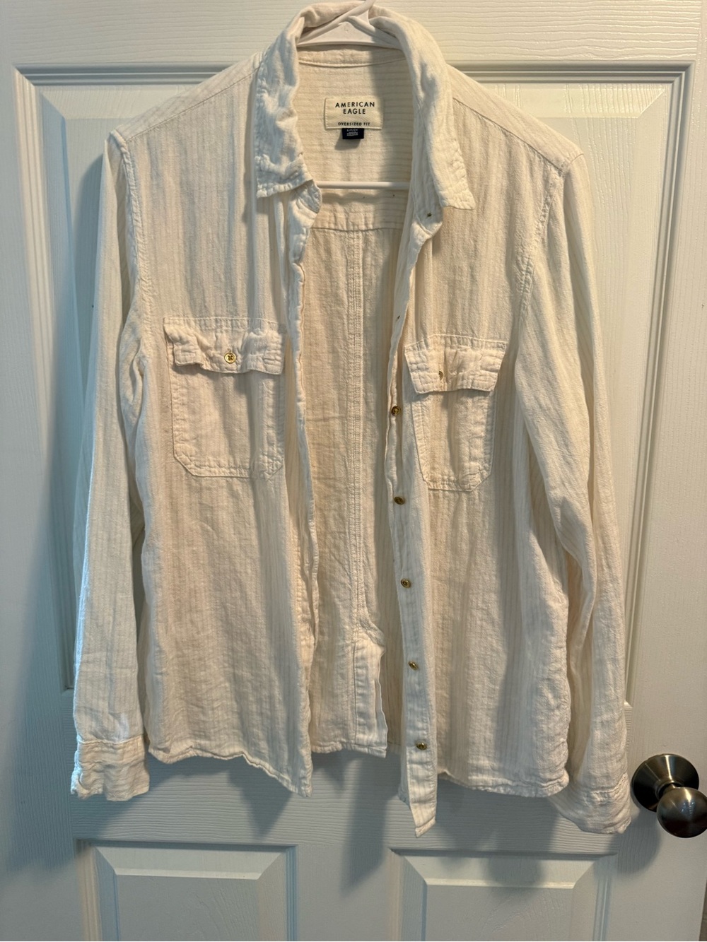 American Eagle Outfitters Cream Long-Sleeve Button-Down Shirt